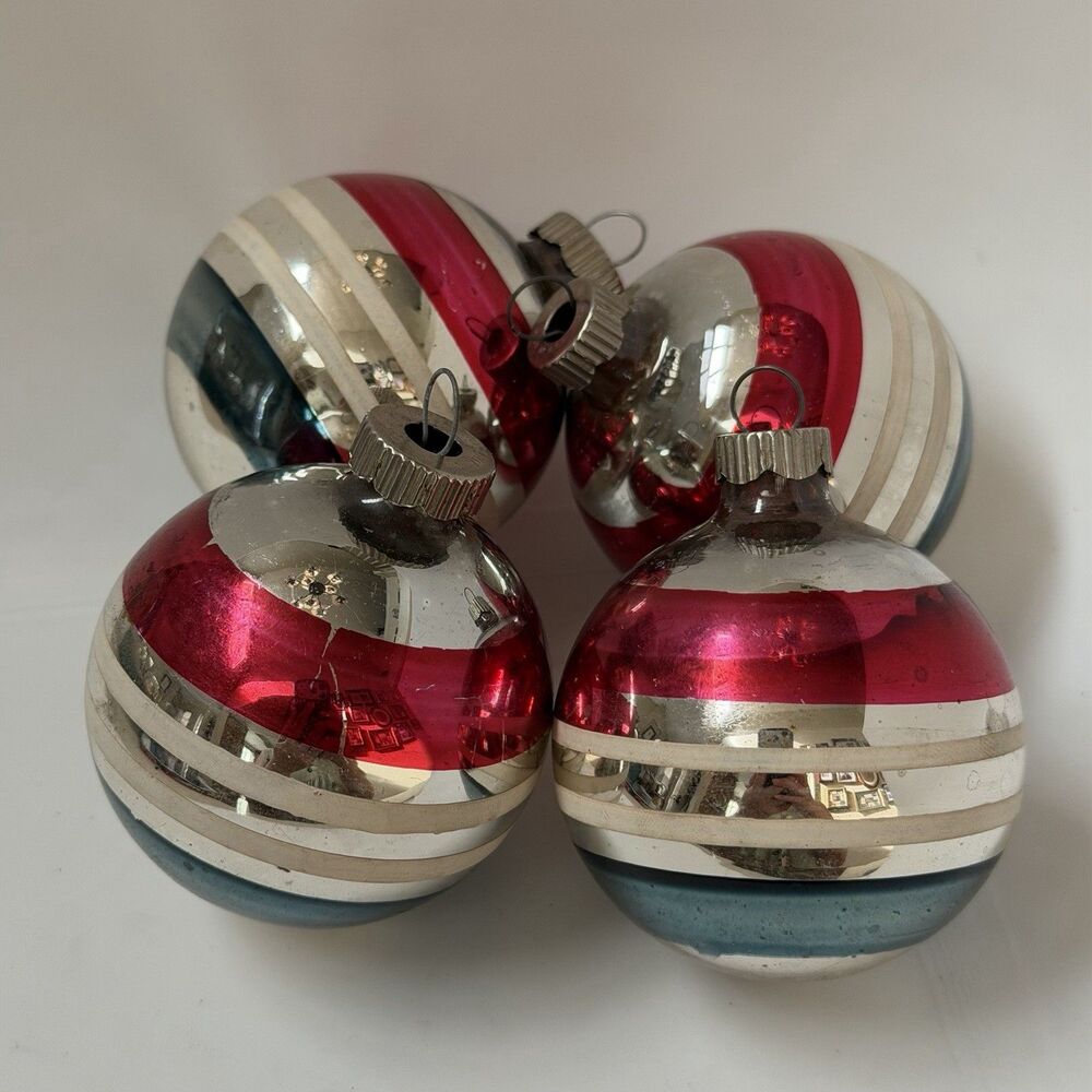 Vintage Shiny Brite Glass Christmas Ornaments 2.25” USA Set of 4 Striped